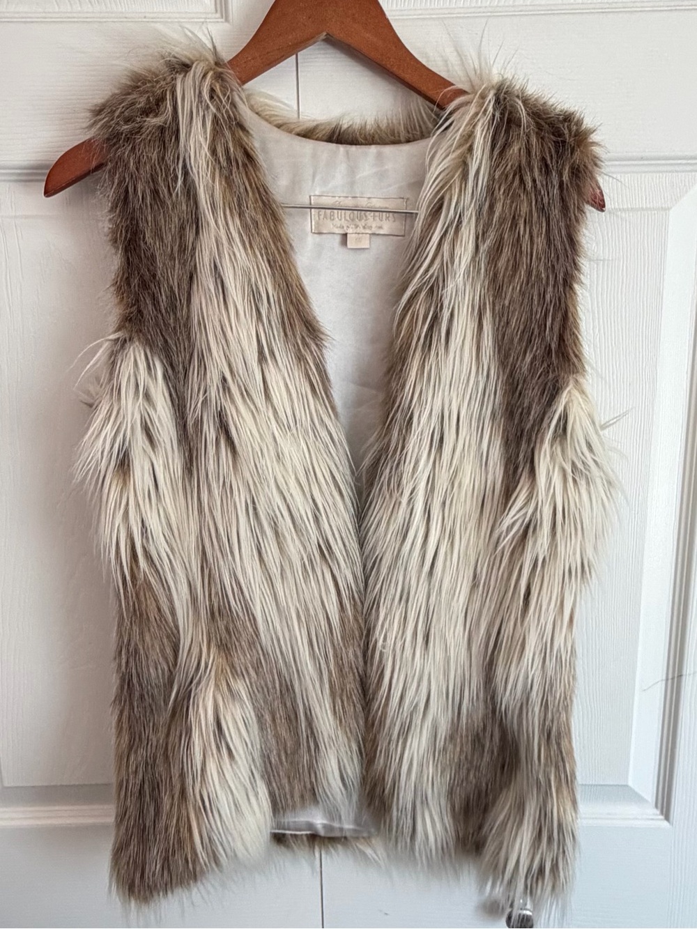 Donna Salyers Fabulous Furs Shaggy Faux Fur Vest XS Cream Taupe Boho Luxe